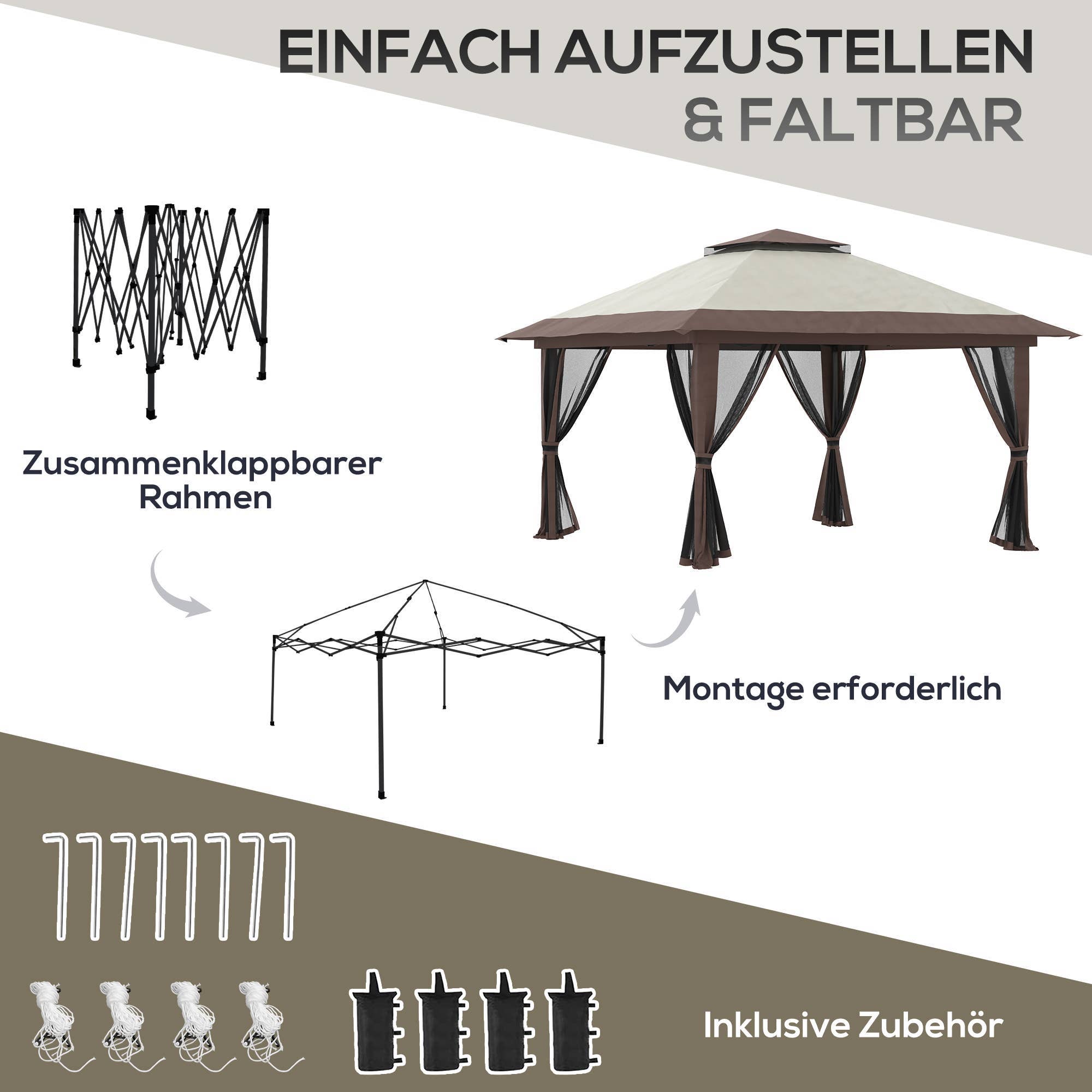 MH Handel GmbH - Folding Gazebo, height adjustable, 4 mesh walls, beige: Beige / 392W x 392D x 283H cm