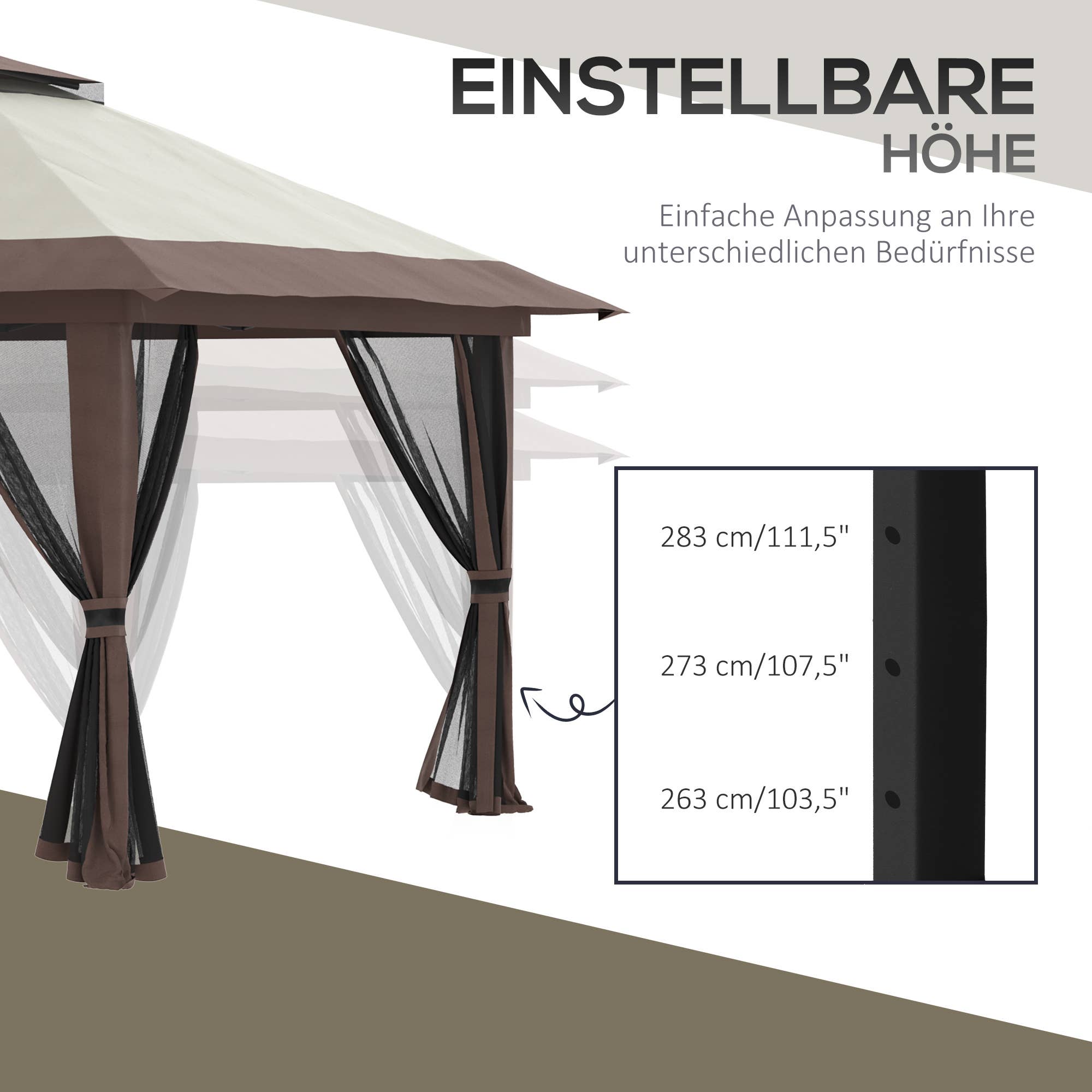 MH Handel GmbH - Folding Gazebo, height adjustable, 4 mesh walls, beige: Beige / 392W x 392D x 283H cm