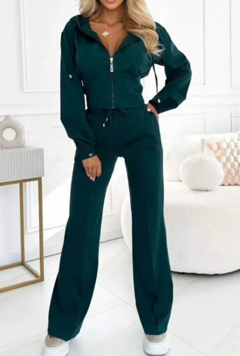 Hooded Zipper Jacket with Fitted Bottom Set