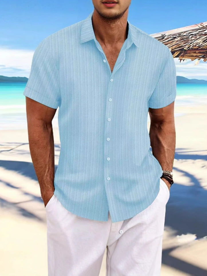 Cross-border Explosions Amazon AliExpress New Men's Cotton and Linen Striped Jacquard Casual Loose Short-sleeved Shirt