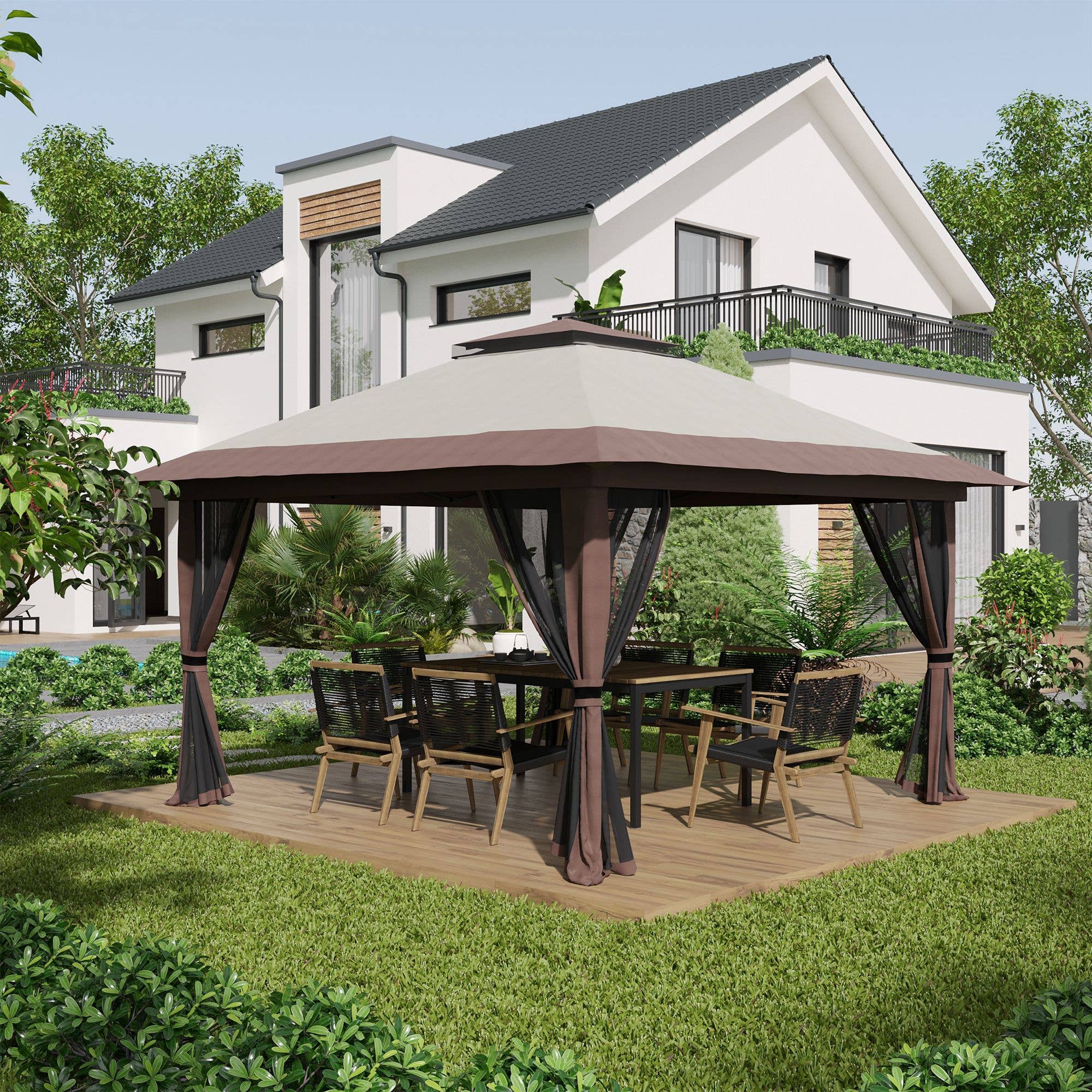 MH Handel GmbH - Folding Gazebo, height adjustable, 4 mesh walls, beige: Beige / 392W x 392D x 283H cm