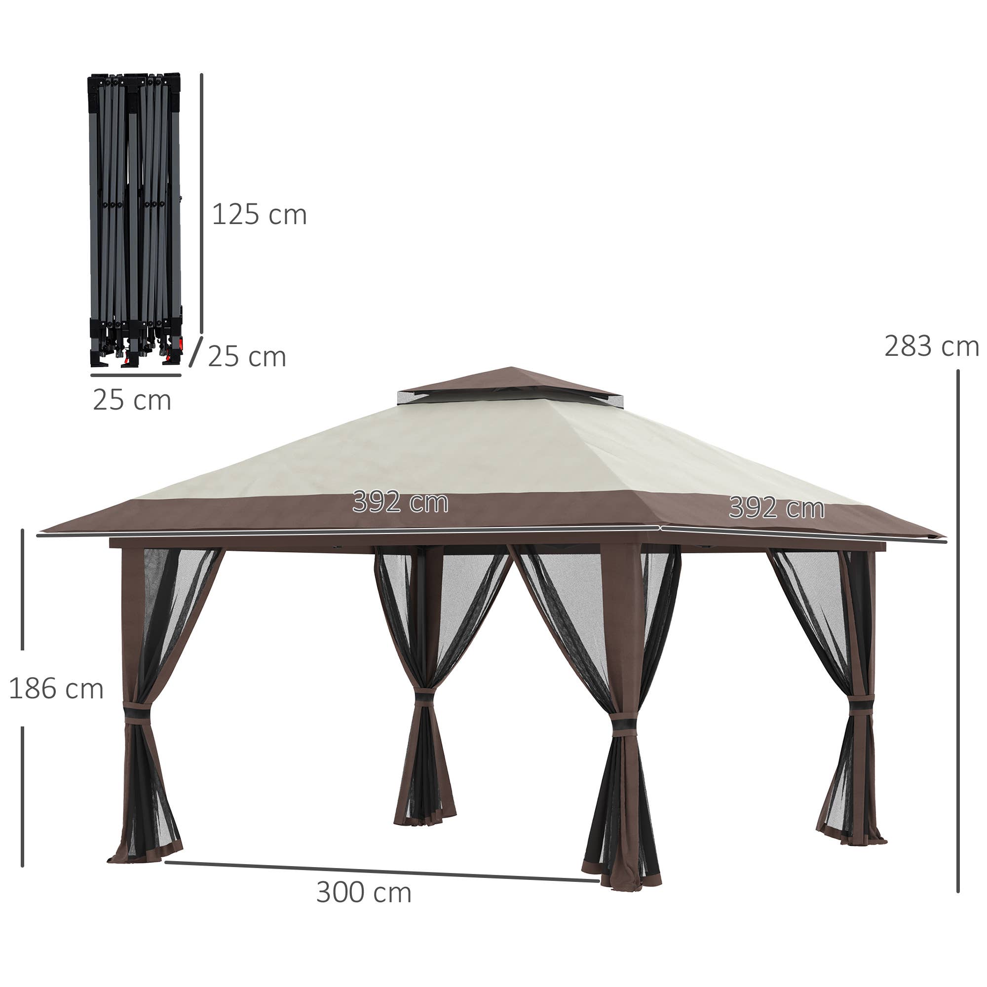 MH Handel GmbH - Folding Gazebo, height adjustable, 4 mesh walls, beige: Beige / 392W x 392D x 283H cm
